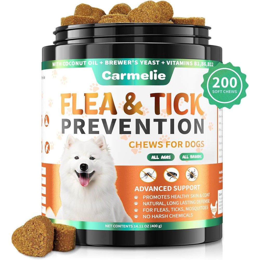 Carmelie Flea And Tick Prevention For Dogs Chewables, 200 Natural Soft Chews Oral Supplement For Puppies and All Dog Breeds, Chicken Flavor