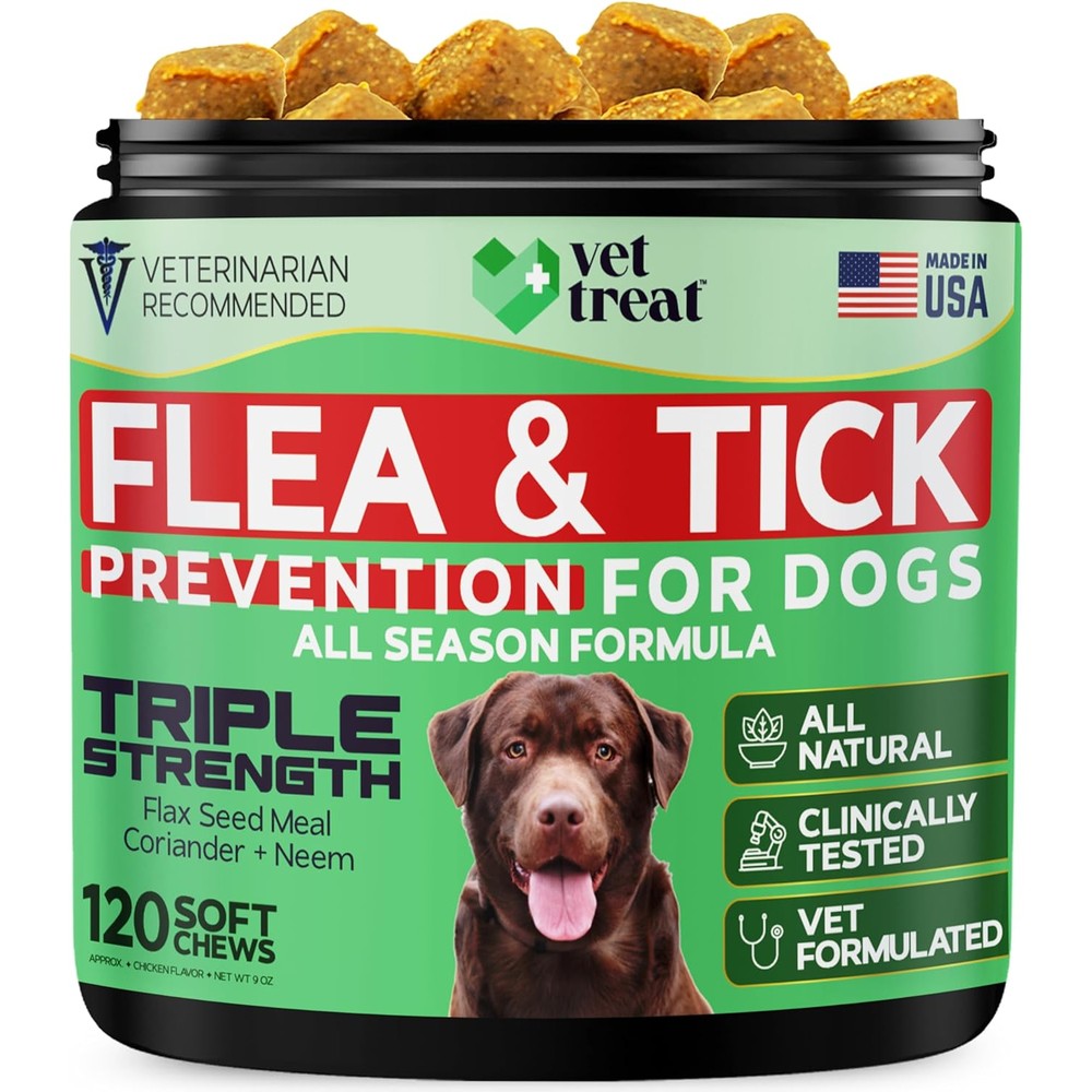 Vet Treat Natural Flea and Tick Prevention Chewables for Dogs Chicken Flavor Oral Supplement Safe for All Breeds One Hundred and Twenty Soft Chews