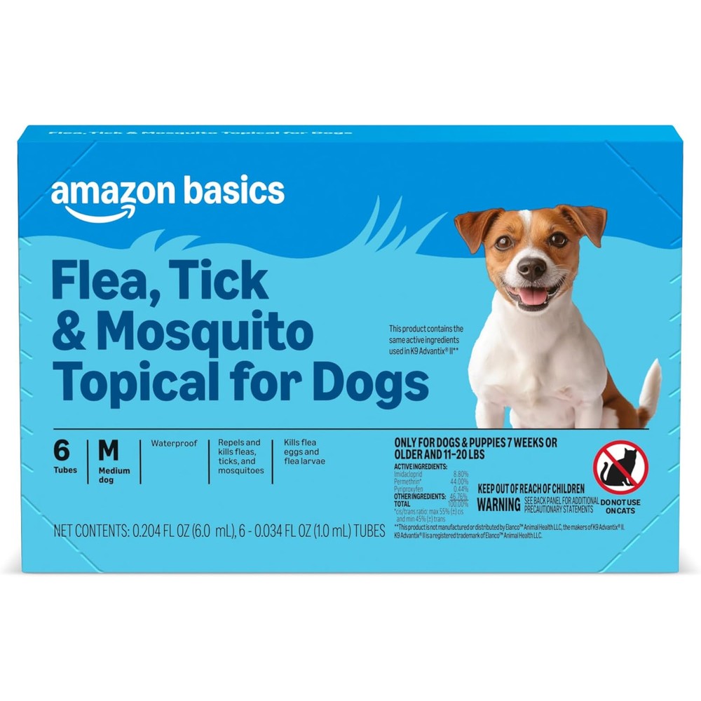 Amazon Basics Flea Tick and Mosquito Topical Treatment and Prevention for Medium Dogs Eleven to Twenty Pounds Six Count