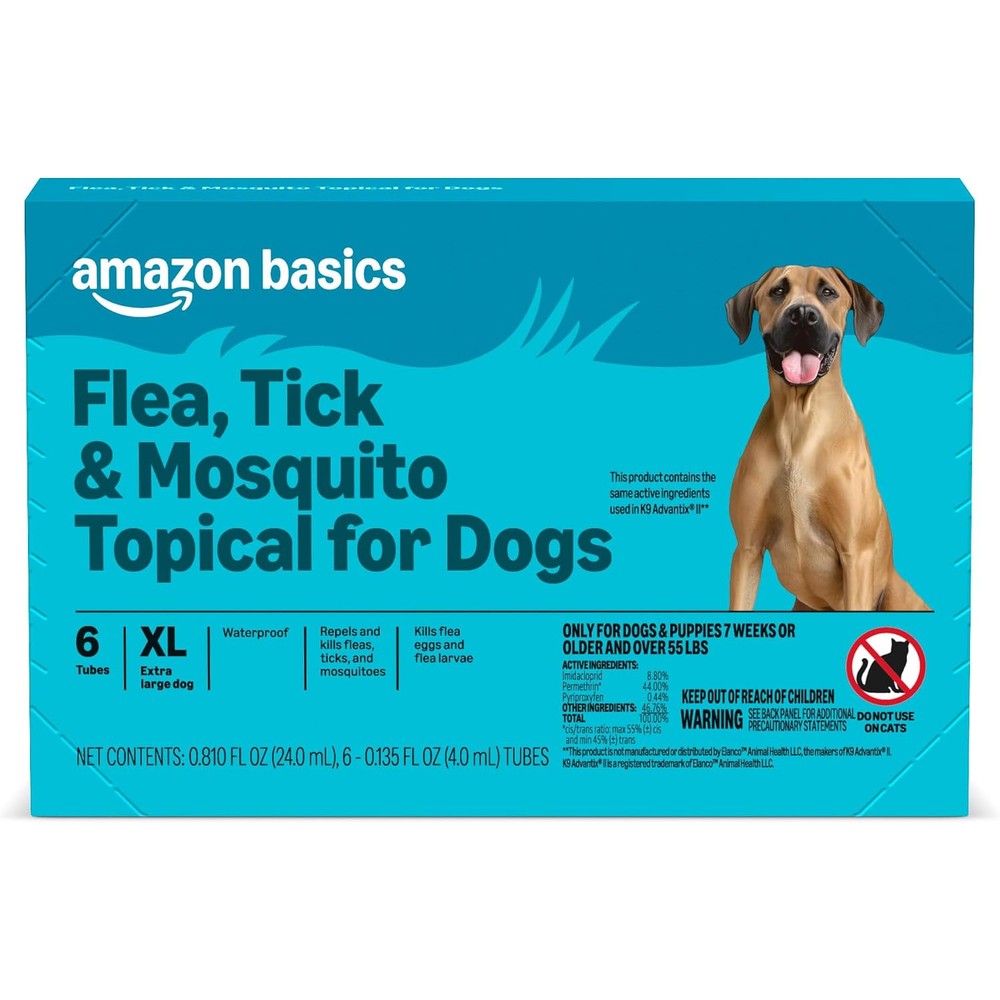 Amazon Basics Preventative Flea Tick And Mosquito Topical Treatment For Extra Large Dogs Over Fifty Five Pounds Waterproof Long Lasting Six Count