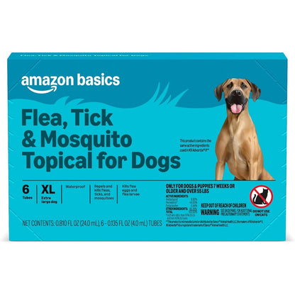 Amazon Basics Preventative Flea Tick And Mosquito Topical Treatment For Extra Large Dogs Over Fifty Five Pounds Waterproof Long Lasting Six Count