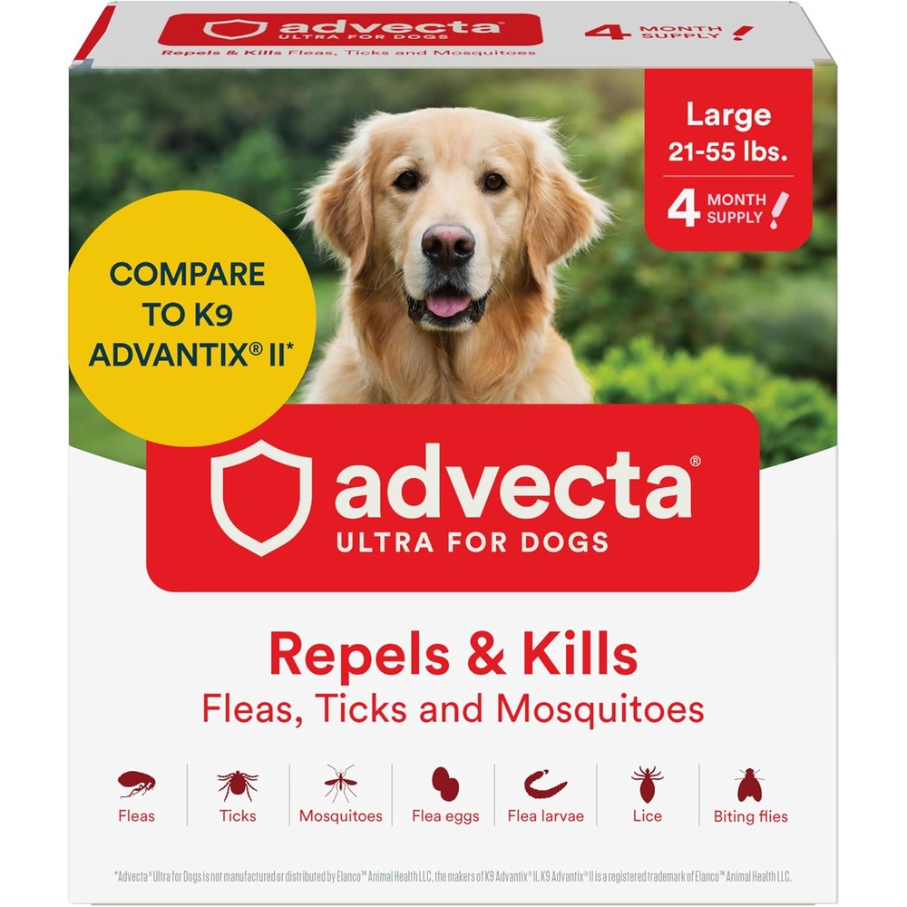Advecta Ultra Flea And Tick Prevention For Large Dogs Twenty One To Fifty Five Pounds Waterproof Topical Drops Four Month Supply