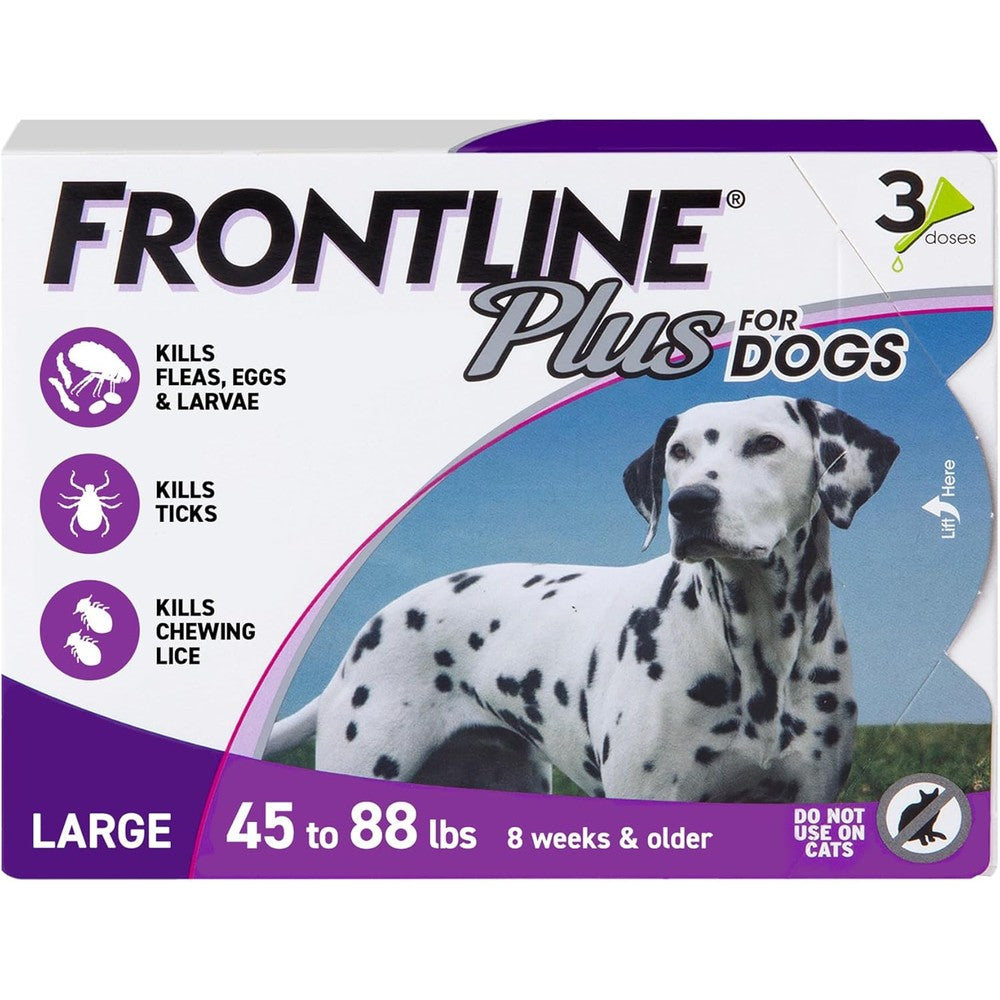 Frontline Plus Topical Flea And Tick Spot Treatment For Large Breed Dogs Weighing 45 To 88 Pounds Purple Pack Contains 3 Count Pipettes
