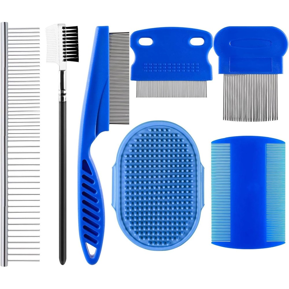 Yonnaxo 7 Pack Pet Flea Comb And Grooming Set For Dogs And Cats With Stainless Steel Lice Combs And Silicone Bath Massage Brush