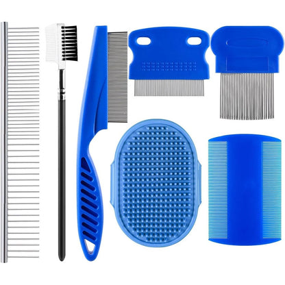 Yonnaxo 7 Pack Pet Flea Comb And Grooming Set For Dogs And Cats With Stainless Steel Lice Combs And Silicone Bath Massage Brush
