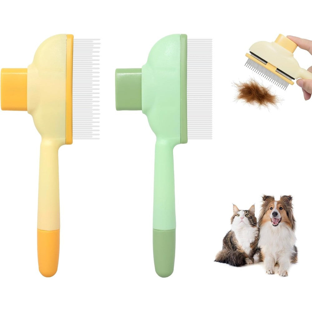 Kittupet 2 Pack Pet Grooming Comb Set With Self Cleaning Shedding Brush And Flea Comb For Dogs And Cats Yellow And Green