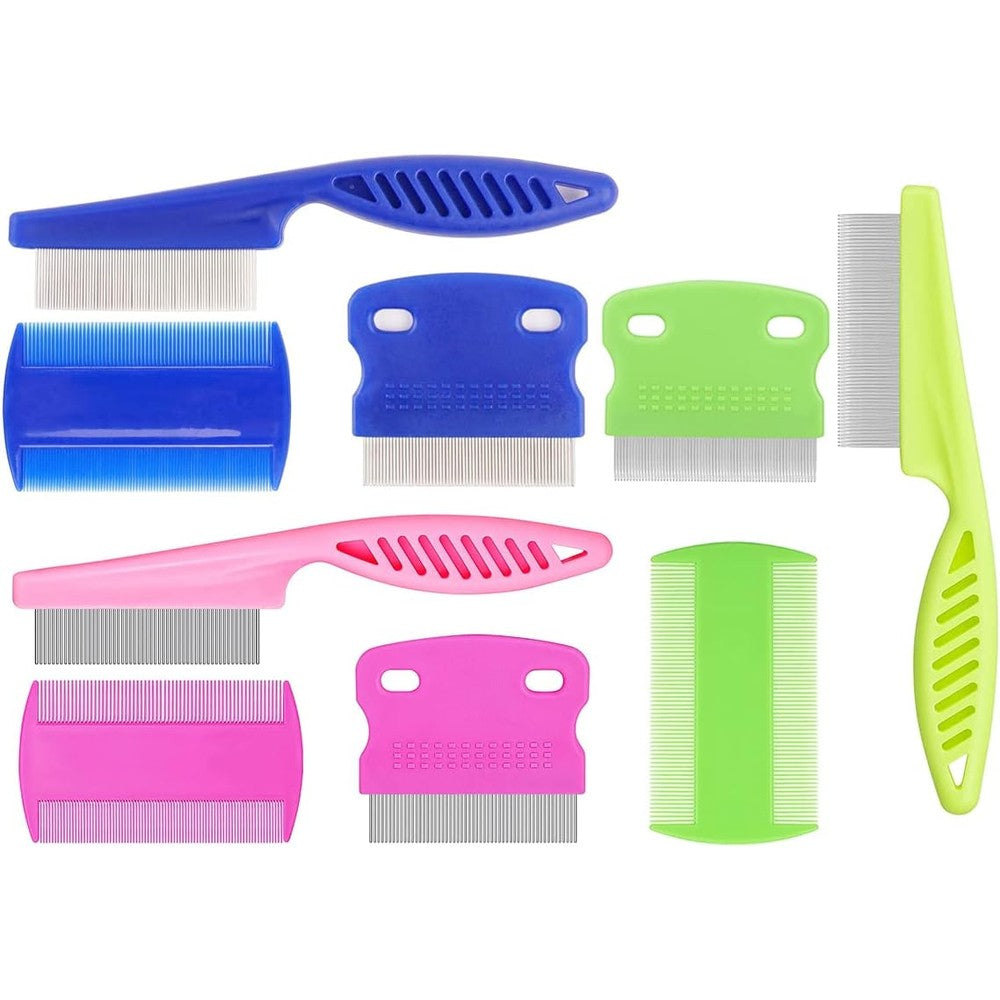 Hsathoac 9 Pieces Pet Flea Lice Comb Kit For Dogs And Cats Tear Stain And Dandruff Remover Grooming Tool Set In Blue Rose Red And Green