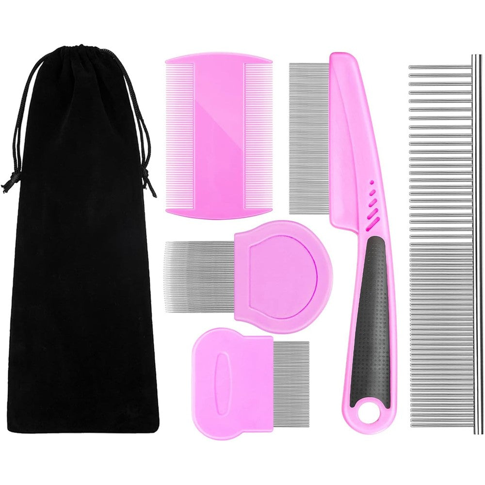 Benseao Flea Comb For Dogs And Cats Pet Comb Grooming Set 5 Pieces Metal Teeth Durable For Removing Tear Stains And Tangles Pink