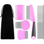 Benseao Flea Comb For Dogs And Cats Pet Comb Grooming Set 5 Pieces Metal Teeth Durable For Removing Tear Stains And Tangles Pink