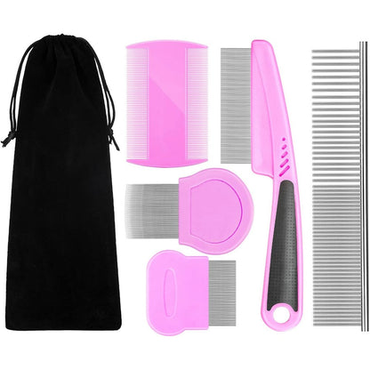 Benseao Flea Comb For Dogs And Cats Pet Comb Grooming Set 5 Pieces Metal Teeth Durable For Removing Tear Stains And Tangles Pink
