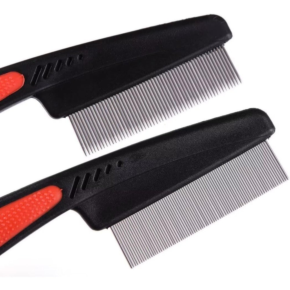 2 Pieces Fine Tooth and Wide Tooth Dog Grooming Comb - Rubber Handle Hair Comb for Small Dogs & Cats with Flea and Tick Removal (2PCS, Black Red)