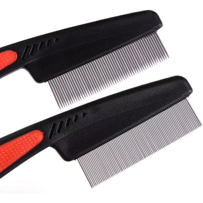 2 Pieces Fine Tooth and Wide Tooth Dog Grooming Comb - Rubber Handle Hair Comb for Small Dogs & Cats with Flea and Tick Removal (2PCS, Black Red)