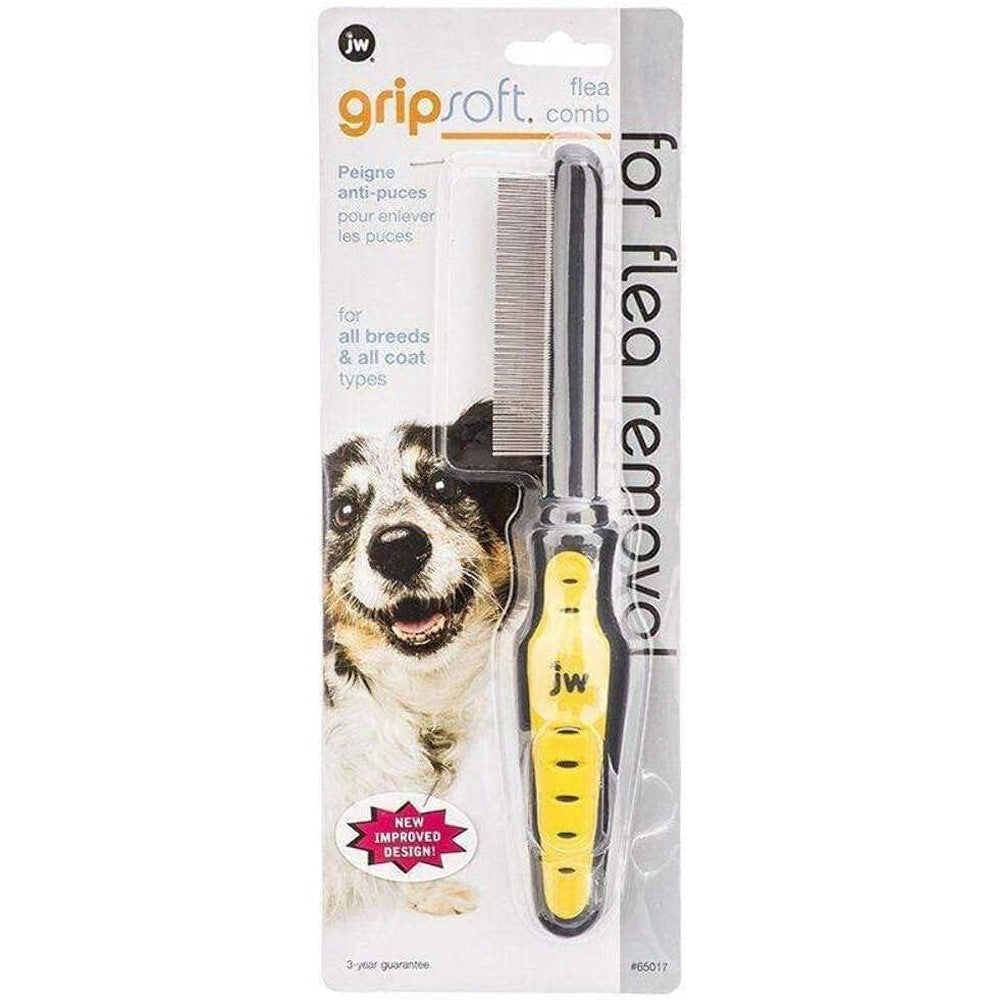 JW Pet Company GripSoft Flea Comb For Dogs And Cats Ergonomic Stainless Steel Metal Teeth Grooming Tool