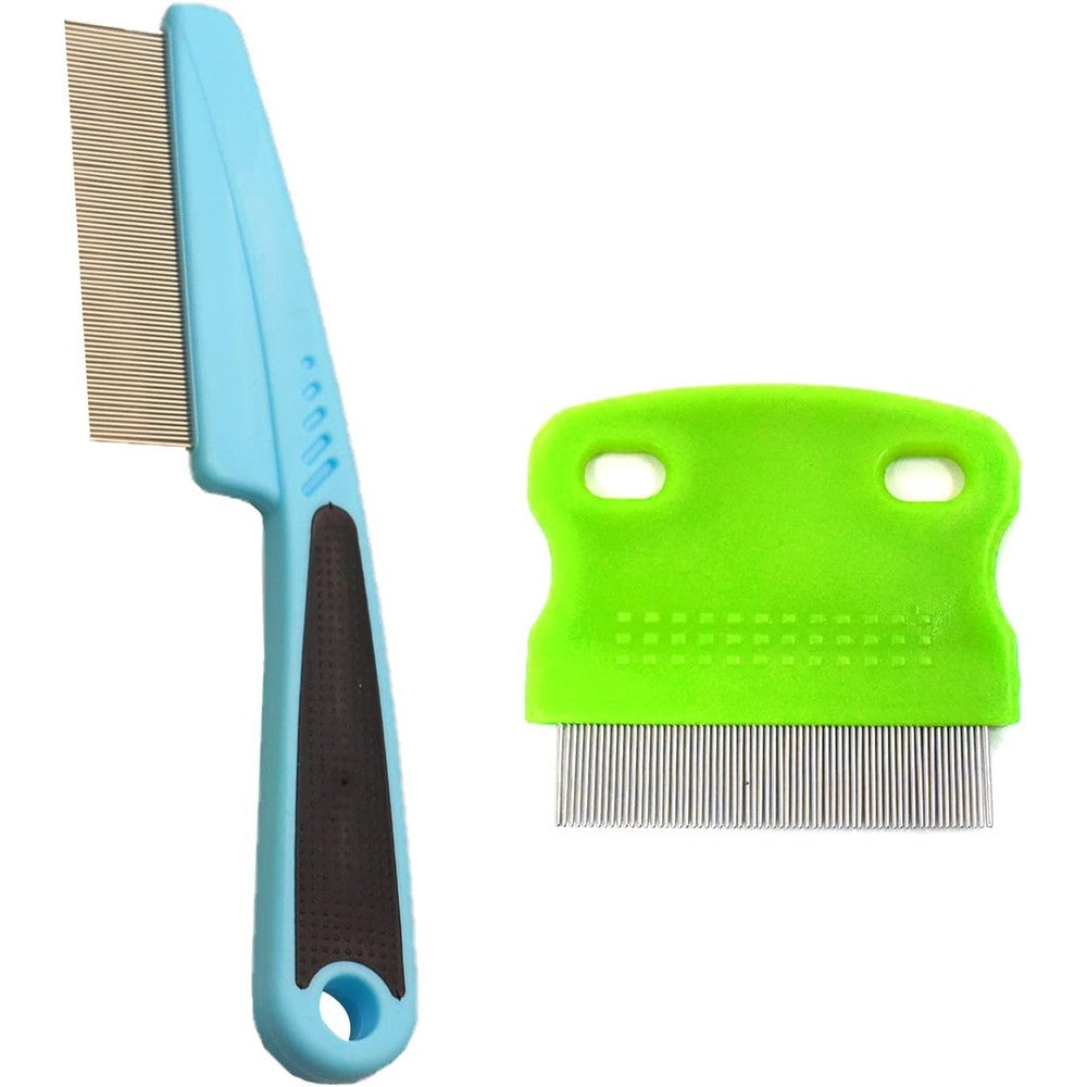 Arbootjin 2 Pcs Pet Grooming Combs Set Flea And Lice Remover For Dogs Cats And Small Pets Blue And Green Stainless Steel Teeth