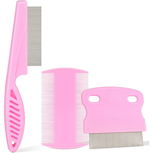 Jegtew Flea Comb For Dogs And Cats With Rubber Handle Stainless Steel Fine Teeth Lice And Ticks Removal Grooming Brush For Pets 3 Pieces Pink