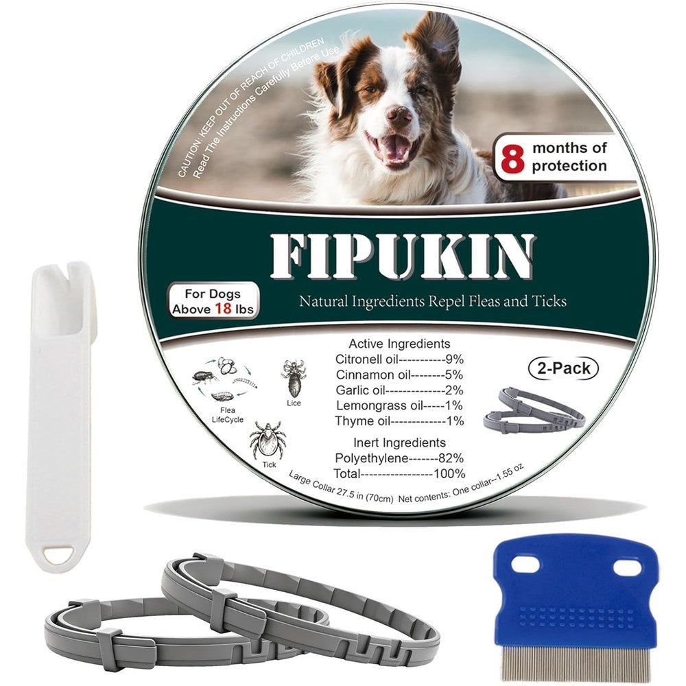 Fipukin Flea And Tick Collar For Large Dogs 2 Pack 8 Month Waterproof Protection With Natural Essential Oils Including Grooming Comb And Tick Remov...