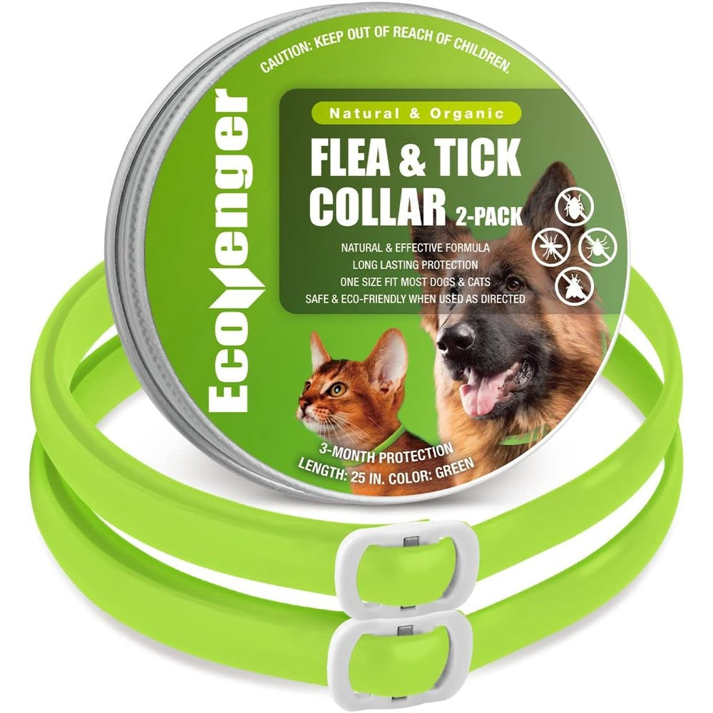 EcoVenger Flea Collars for Dogs & Cats - Flea & Tick Repellent 2-Pack Green. Built-in Pant-Based Formula Strong Repellency Slow Release, Lasting Protection, Pleasant Aroma, Waterproof