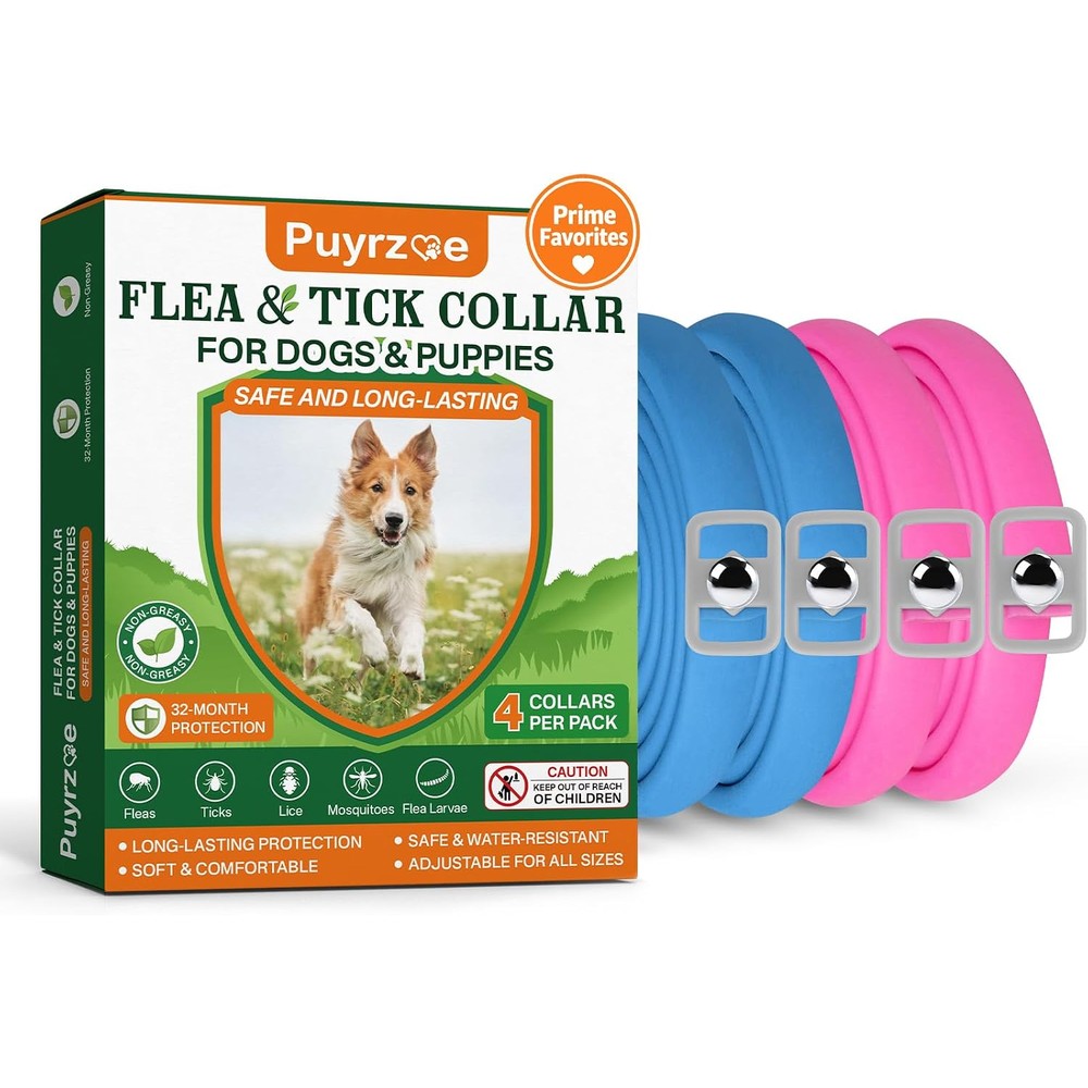 Puyrzoe Flea And Tick Prevention Collars For Dogs 4 Pack 32 Month Protection Natural Waterproof Adjustable Treatment For Puppies And Dogs 2 Pink 2 ...