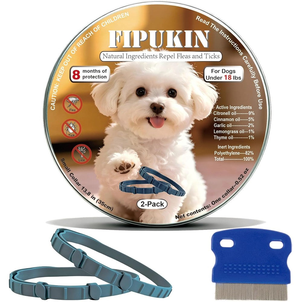 Fipukin Flea And Tick Collar For Small Dogs 2 Pack With 8 Month Waterproof Protection And Included Comb