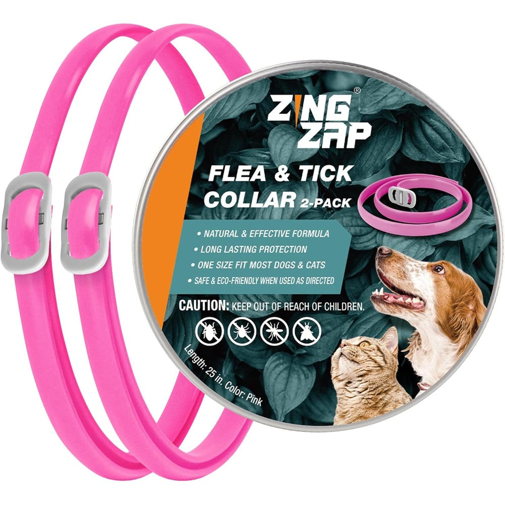 ZingZap Flea And Tick Collar 2-Pack Pink Plant-Based Adjustable Protective Neckband For Dogs And Cats Up To 25 Inches