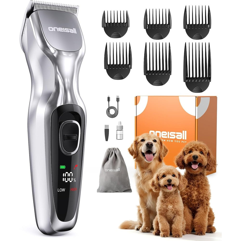 Oneisall Dog Clippers For Grooming Thick Hair Cordless Low Noise Pet Hair Trimmer Rechargeable Professional Shaver Kit With Detachable Metal Blades...