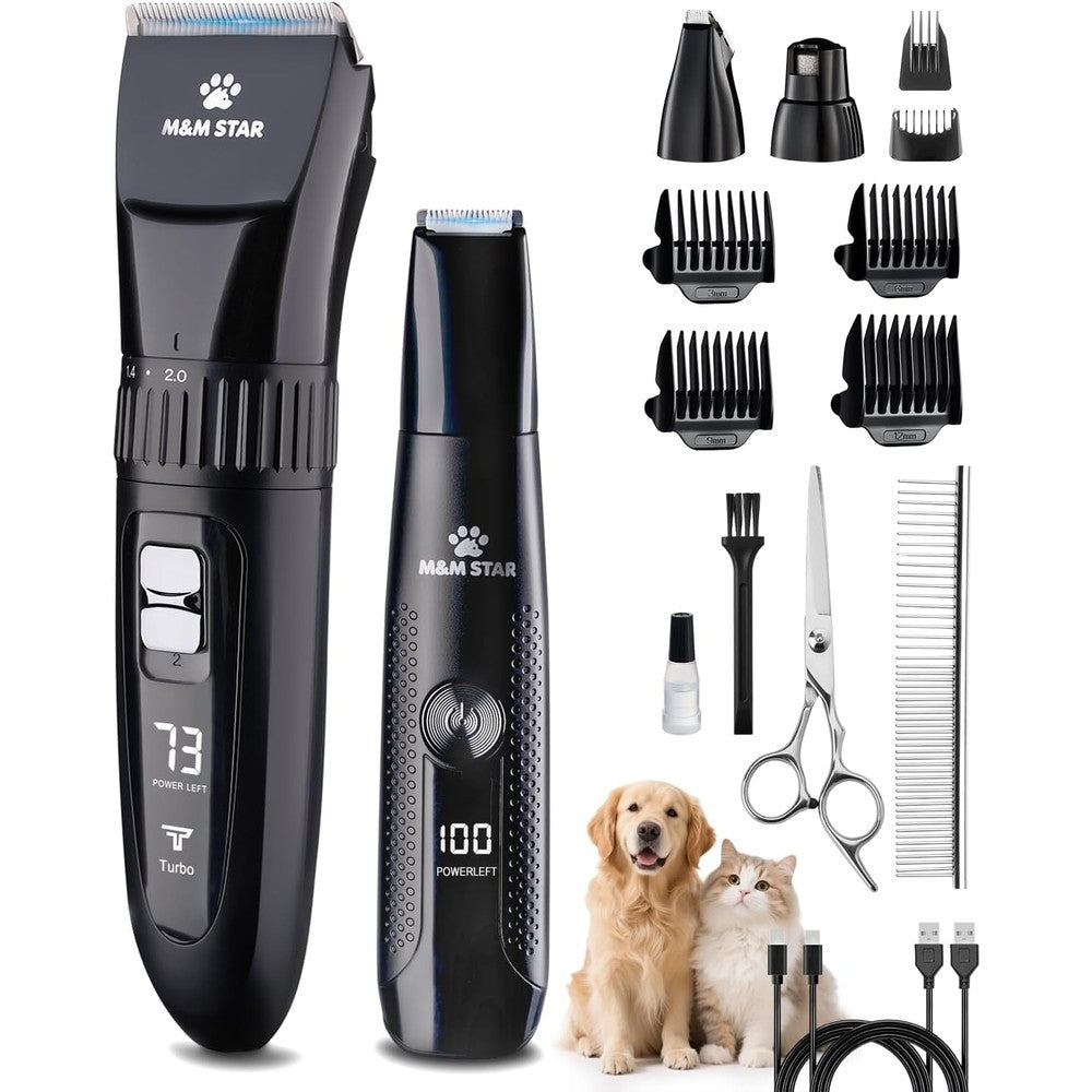 M&M STAR Dog Grooming Kit Cordless Quiet Pet Hair Clippers And Shaver With Precision Paw Trimmer For Heavy Thick Coats