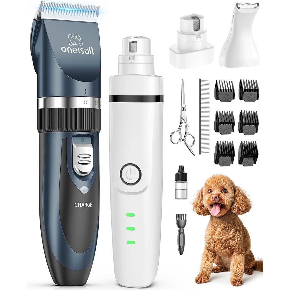 Oneisall Dog Clippers And Paw Trimmer Grooming Kit Three In One Cordless Low Noise Pet Hair Trimmer And Nail Grinder Set For All Dog Breeds Gold