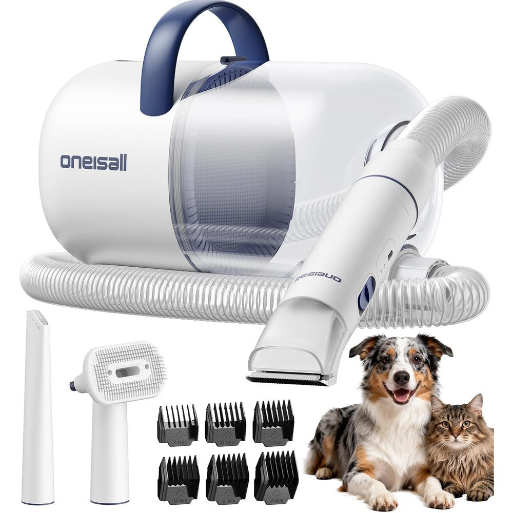 Oneisall Dog Grooming Vacuum Cleaner Kit With 15000 Pascal Suction Quiet Pet Hair Clippers And 2 Liter Capacity Dust Canister