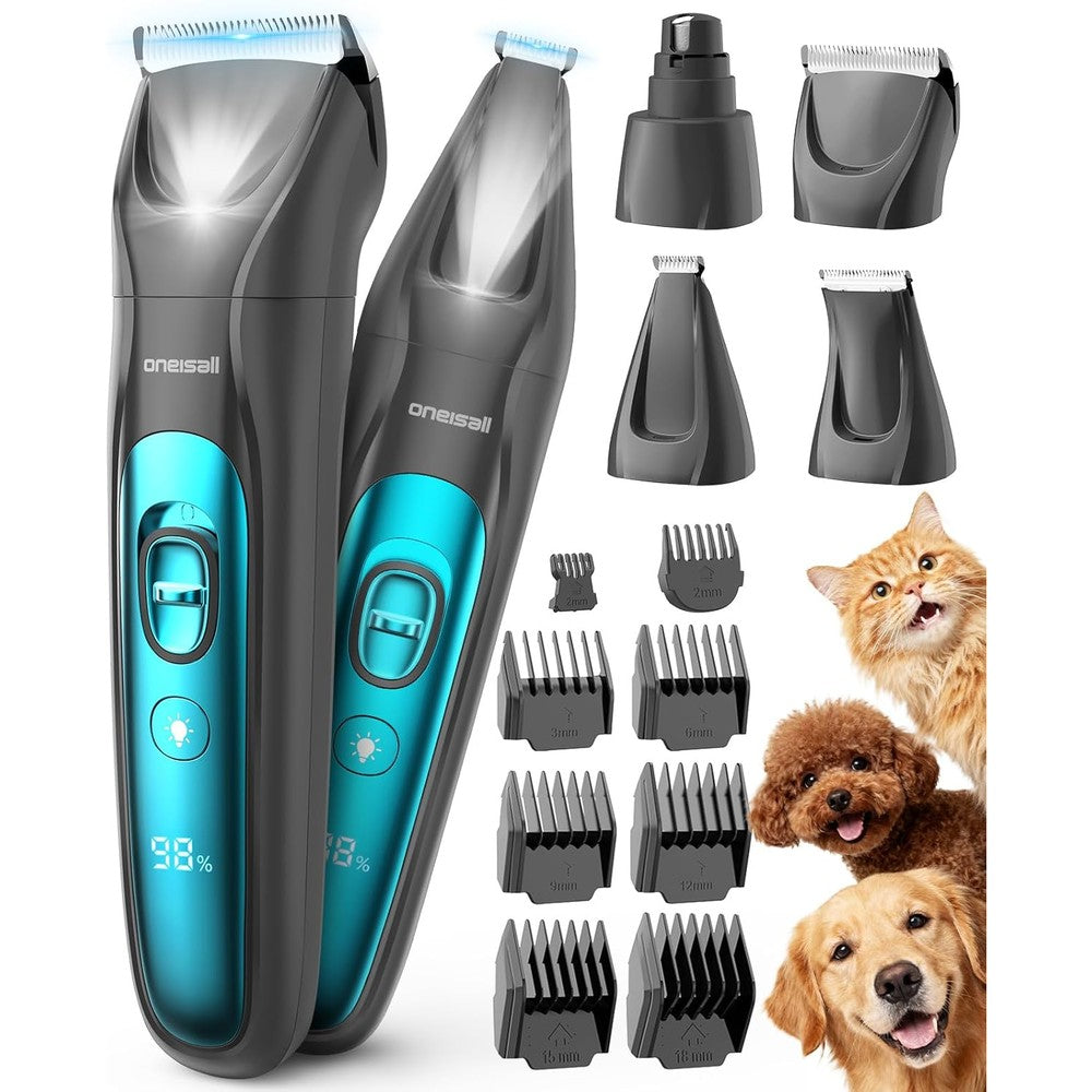 Oneisall Professional Dog Grooming Kit At Home All In One Quiet Clippers And Nail Grinder With LED Light Cordless Pet Shaver 4 In 1 Set