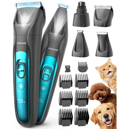 Oneisall Professional Dog Grooming Kit At Home All In One Quiet Clippers And Nail Grinder With LED Light Cordless Pet Shaver 4 In 1 Set