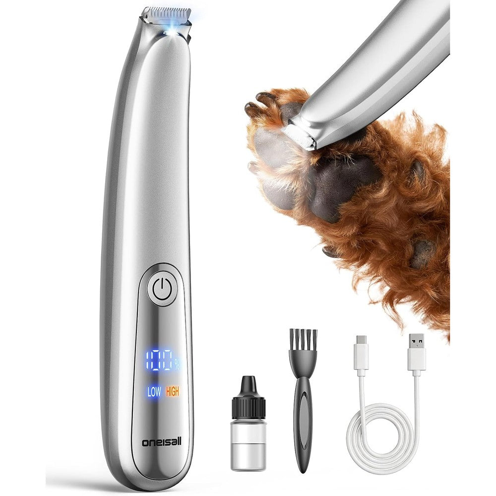 Oneisall Cordless Dog Paw Trimmer With Curved Safety Blade And Built In Led Light Two Speed Low Noise Pet Hair Clipper For Paws Ears And Face