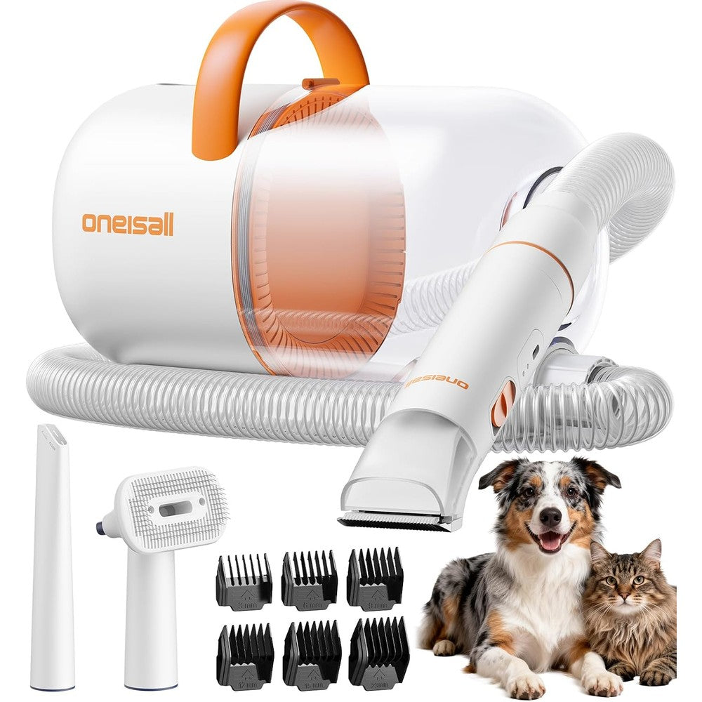 Oneisall Dog Grooming Vacuum Kit With 15000Pa Suction 2 Litre Dust Canister Quiet Pet Hair Clippers And Grooming Brush Orange