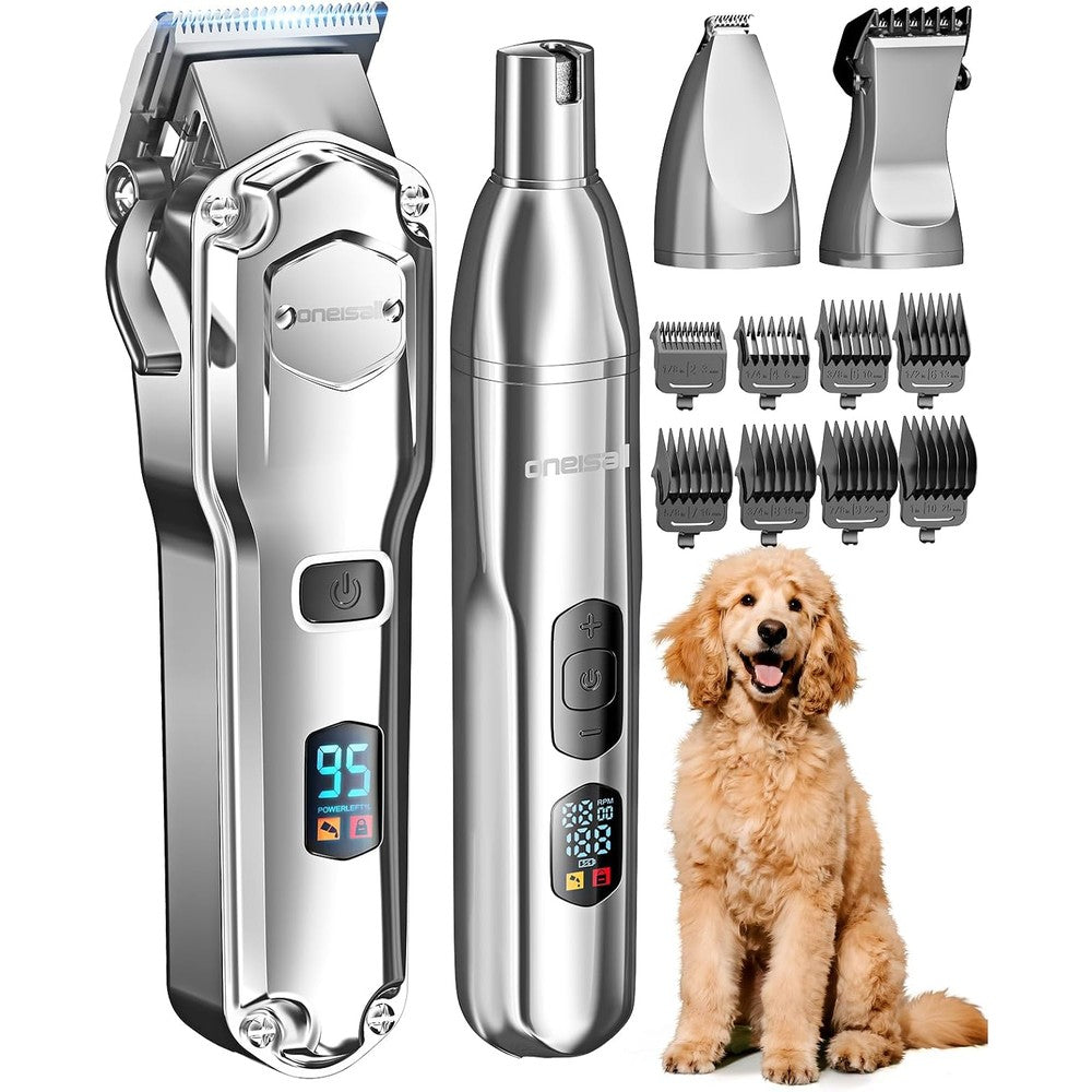 Oneisall 4-in-1 Dog Grooming Kit for Heavy Thick Hair and Coats Cordless Waterproof Pet Shaver Clipper with Paw Trimmer and Nail Grinder