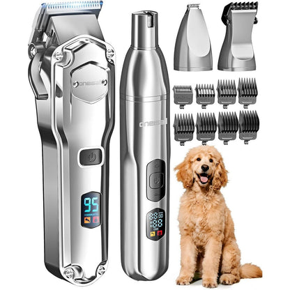 Oneisall 4-in-1 Dog Grooming Kit for Heavy Thick Hair and Coats Cordless Waterproof Pet Shaver Clipper with Paw Trimmer and Nail Grinder