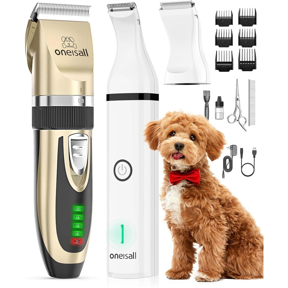 Oneisall Dog Clippers And Paw Trimmer Kit Two In One Low Noise Cordless Pet Hair Grooming Trimmers For Small And Large Dogs Cats Gold Color
