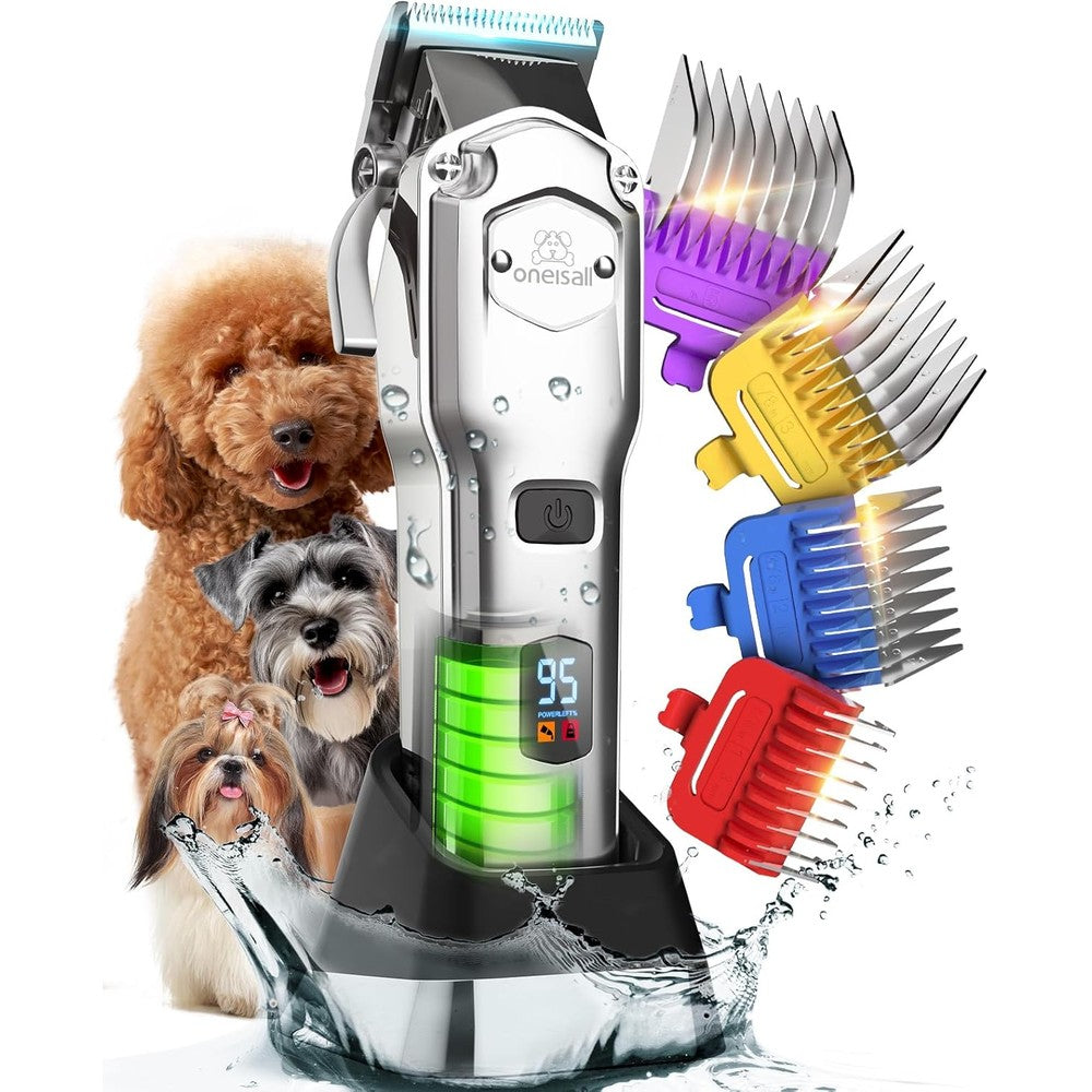 Oneisall Professional Dog Grooming Clippers Cordless Rechargeable Heavy Duty Pet Hair Trimmer With Detachable Metal Combs Silver 676pro Pack