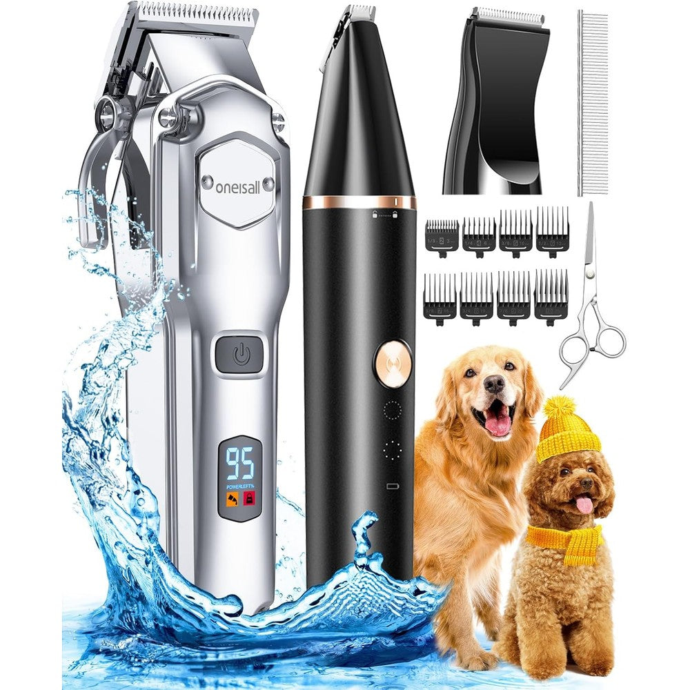 Oneisall Dog Grooming Kit For Heavy Thick Hair With Stainless Steel Blade And Paw Trimmer Low Noise Rechargeable Cordless Waterproof Pet Clippers Set