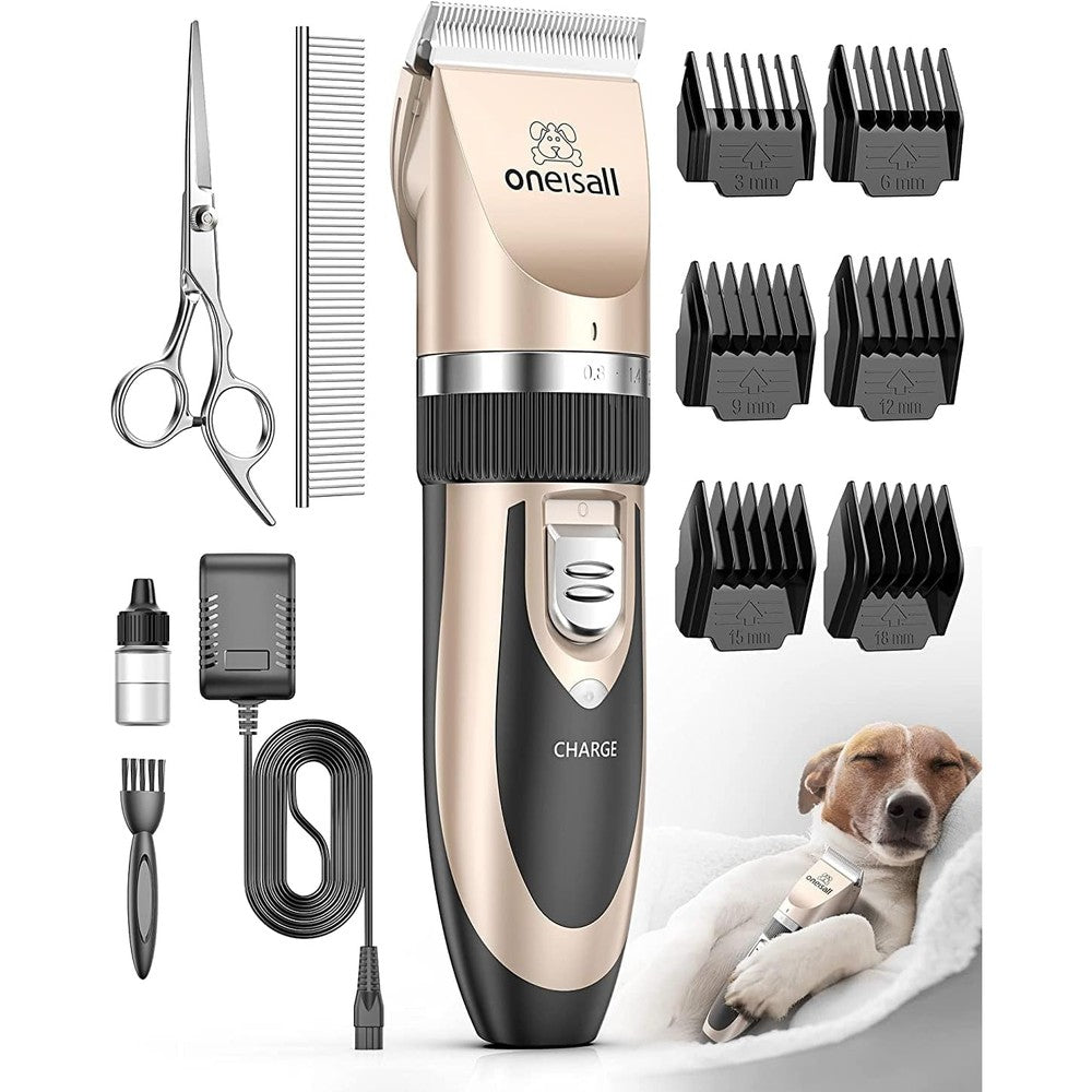 Oneisall Dog Clippers Low Noise Pet Grooming Kit Cordless Rechargeable Dog Hair Trimmer Shaver Set With Six Guide Combs Gold