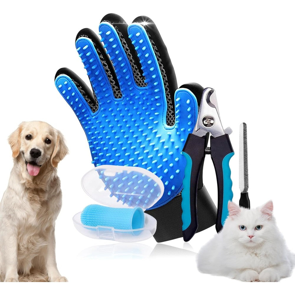 Astra Vena 3 in 1 Pet Grooming Kit With Deshedding Glove 360 Degree Silicone Finger Toothbrush And Professional Nail Clippers With File Blue Pack Of 3