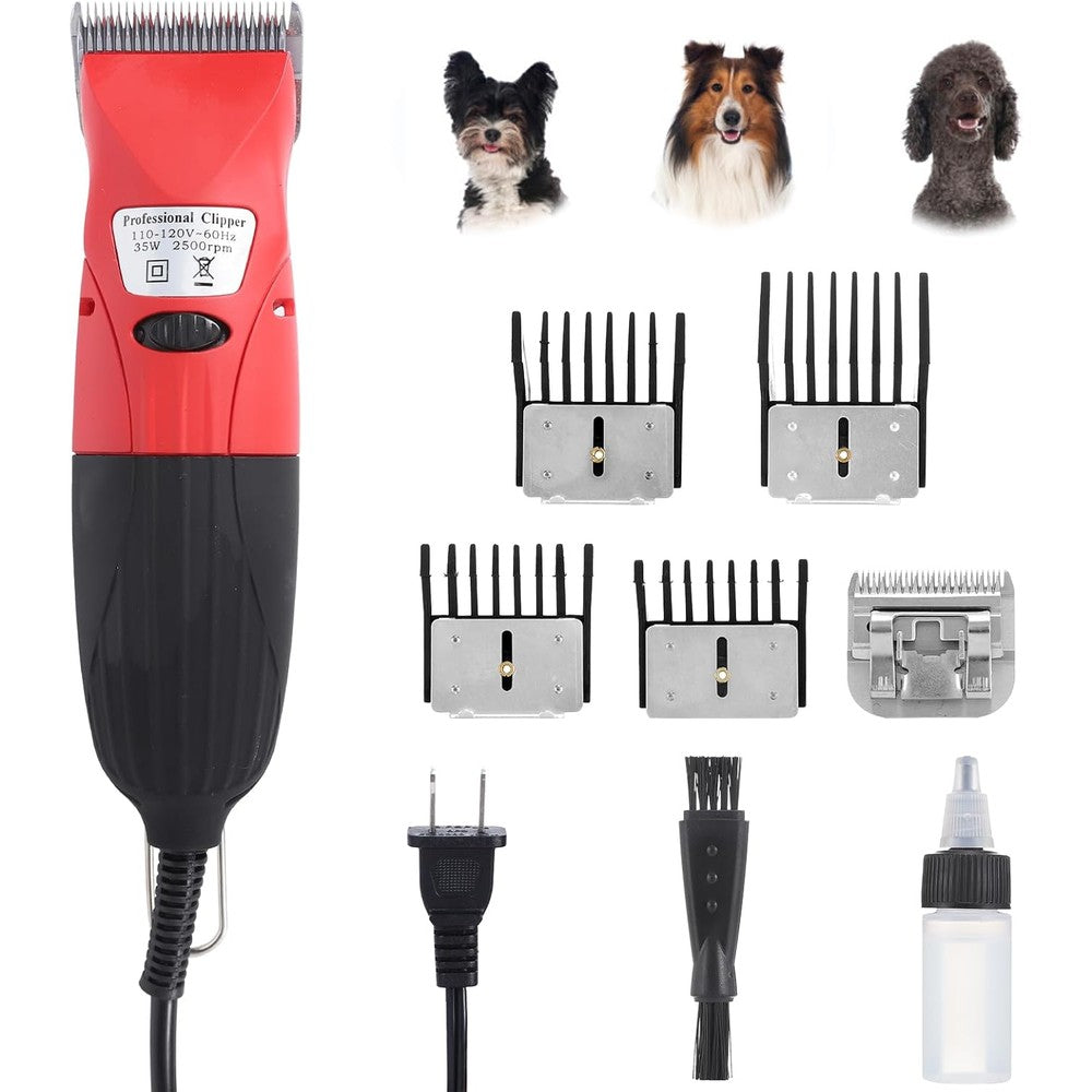 DUCKBOY 35W Pet Hair Clipper and Grooming Kit for Dogs and Cats Includes 4 Interchangeable Blades and 3 Meter Power Cable Red and Black Trimmer