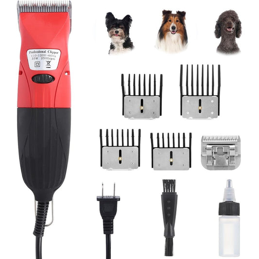 DUCKBOY 35W Pet Hair Clipper and Grooming Kit for Dogs and Cats Includes 4 Interchangeable Blades and 3 Meter Power Cable Red and Black Trimmer
