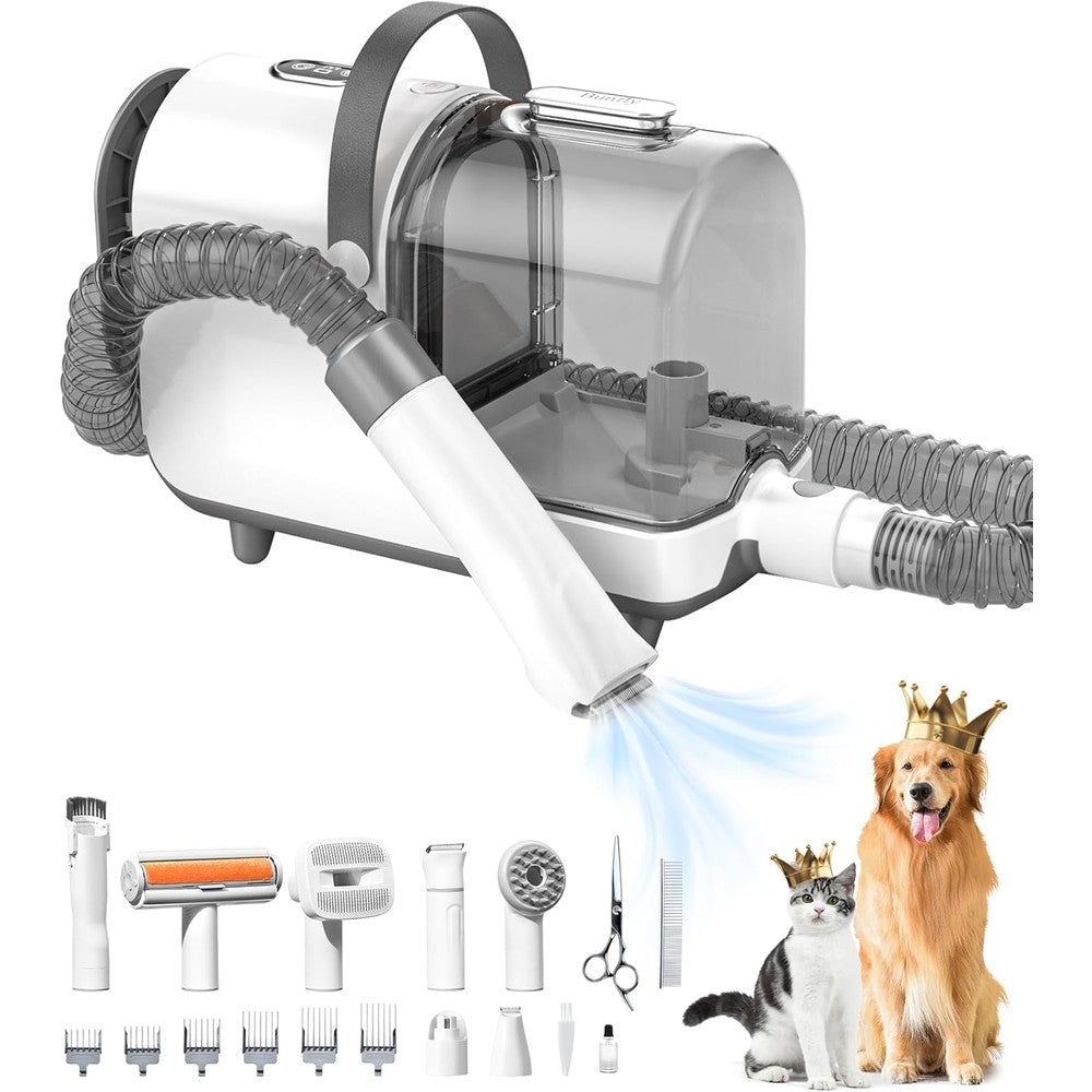 Bunfly Dog Grooming Kit and Pet Hair Vacuum Cleaner with Thirteen Thousand Pascal Suction Sixteen Pieces Tool Set Three Liter Capacity Dust Cup Grey