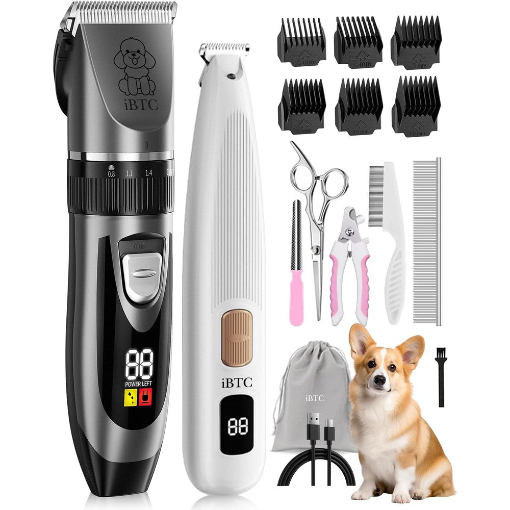 Starvokes IBTC Dog Clippers and Paw Trimmer Kit 2 in 1 Low Noise Cordless Pet Hair Trimmers for Small and Large Animals Grey and White Set