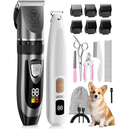 Starvokes IBTC Dog Clippers and Paw Trimmer Kit 2 in 1 Low Noise Cordless Pet Hair Trimmers for Small and Large Animals Grey and White Set