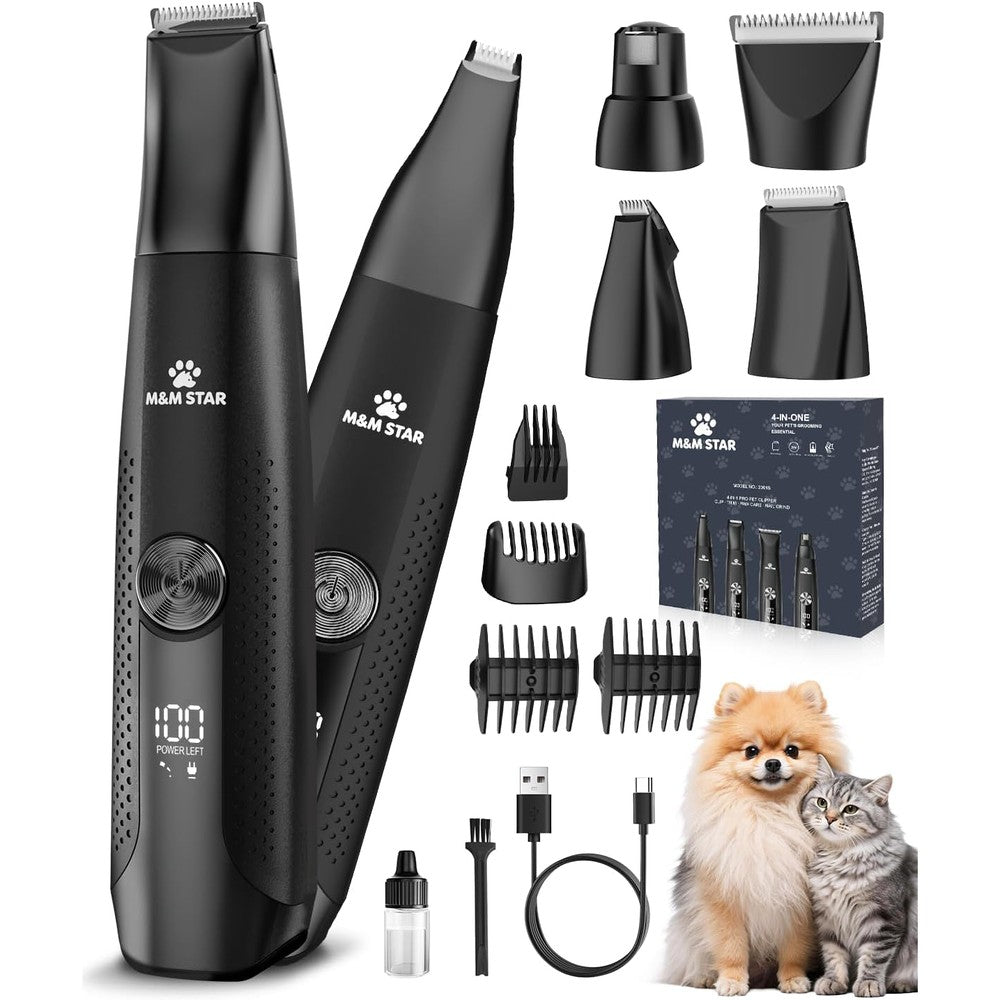 M&M STAR 4-in-1 Dog Grooming Kit Cordless Hair Trimmer With Paw Trimmer And Nail Grinder Low Noise Rechargeable Clipper Shaver Set