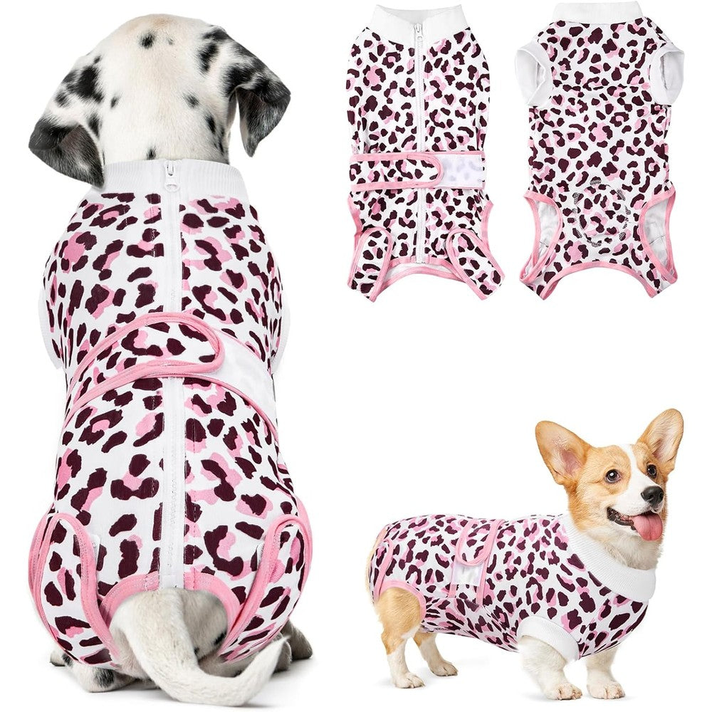 SlowTon Dog Recovery Suit Surgical Onesie With Back Zipper And Adjustable Magic Patch For Spay And Neuter Post Surgery Care Pink Leopard Small