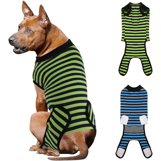 Quearn Breathable Cotton Dog Surgery Recovery Suit For Spay Neuter Wound Protection Anti Licking Pet Onesie Extra Large Blue Green Stripes Two Pack