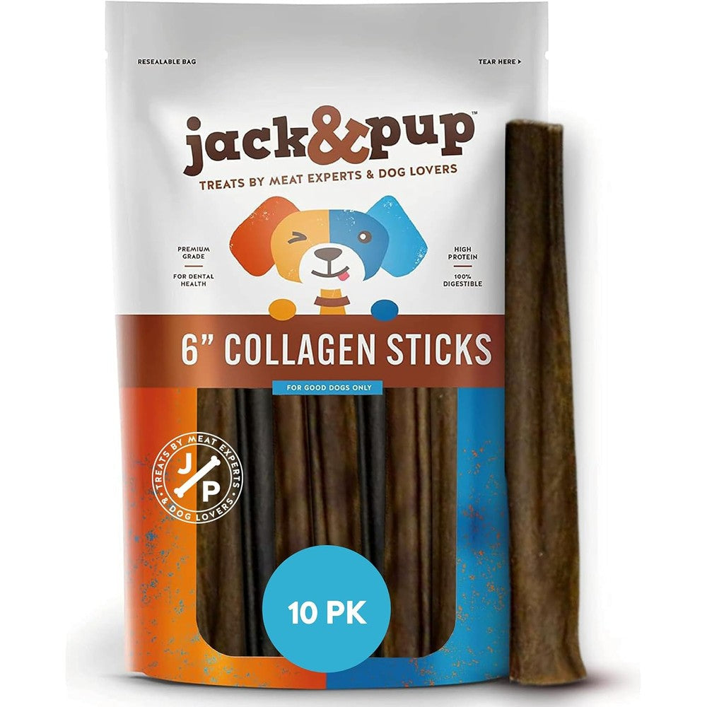 Jack And Pup 6 Inch Beef Collagen Sticks For Dogs Rawhide Free Long Lasting Healthy Dog Chews Single Ingredient Treats 10 Pack