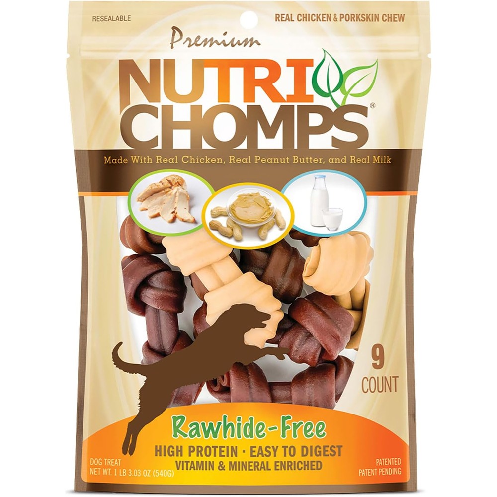 NutriChomps Dog Chews 4-Inch Assorted Knots Rawhide-Free Dog Treats Real Chicken Peanut Butter And Milk Flavors 9 Count