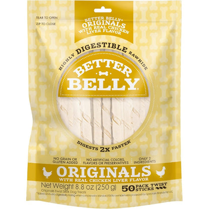 Better Belly Originals Chicken Liver Flavor Twist Sticks Highly Digestible Rawhide Dog Chews 50 Count 8.8 Ounces